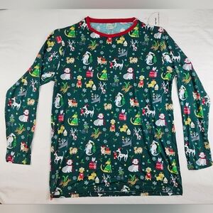 Little Sleepies Bamboo Long Sleeve PJ Top Holiday Dog Mens Large NWT Green Red